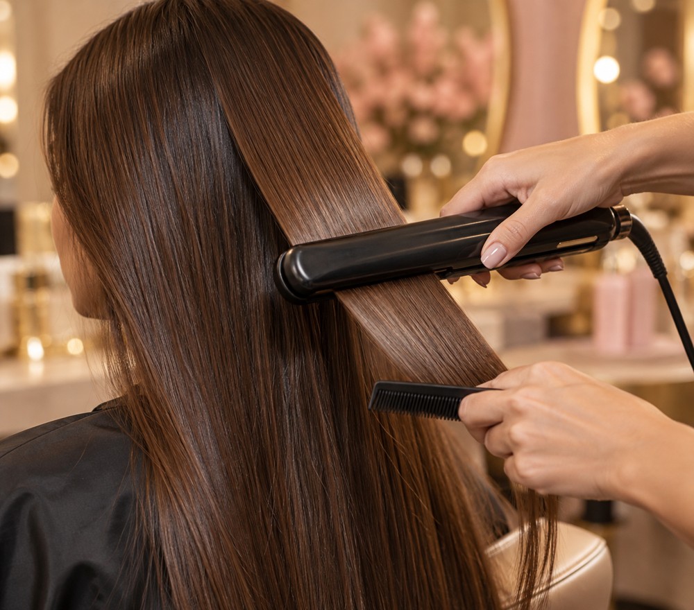 Alisado profesional de cabello castaño con plancha en un salón de belleza